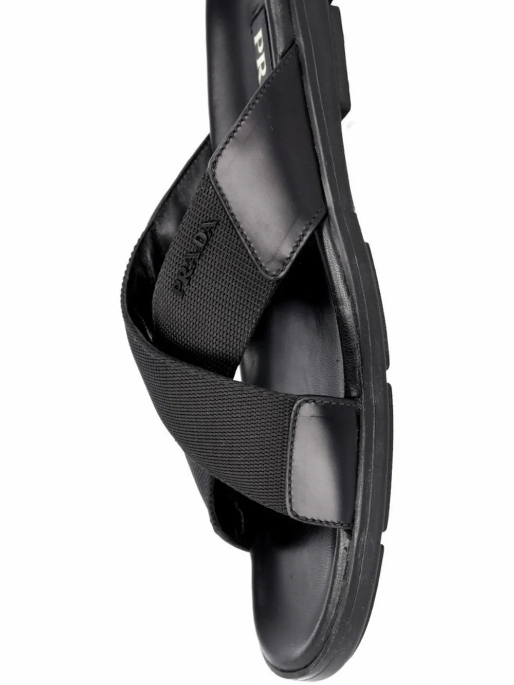 PRADA Men’s Leather Nylon Crisscross Slides Sandals